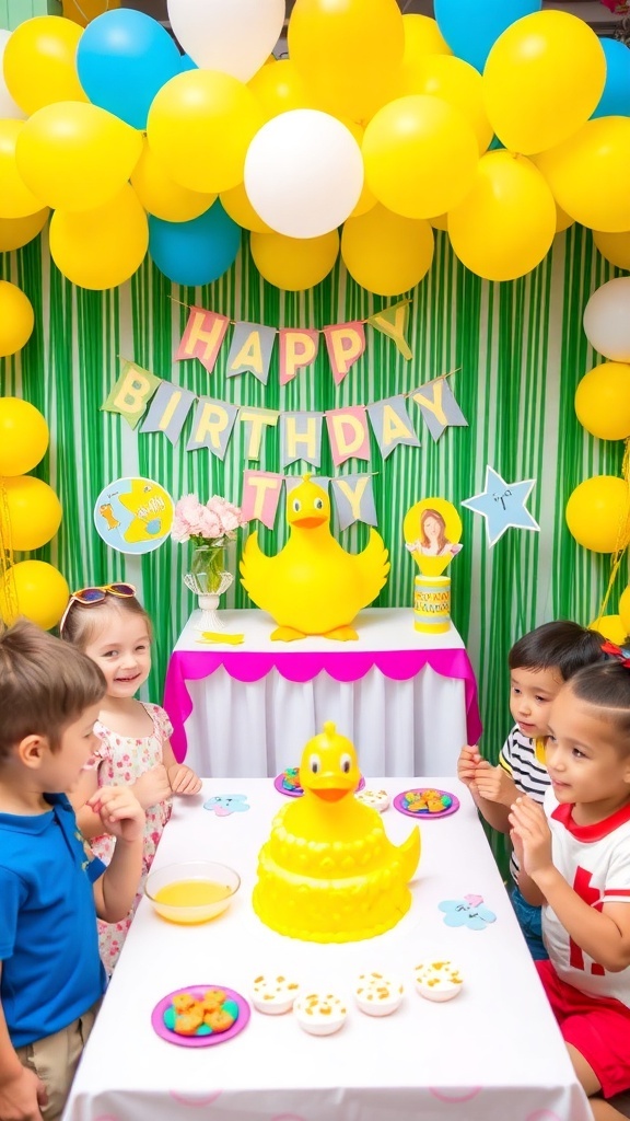 Duck-themed birthday party with decorations, cake, and children celebrating.